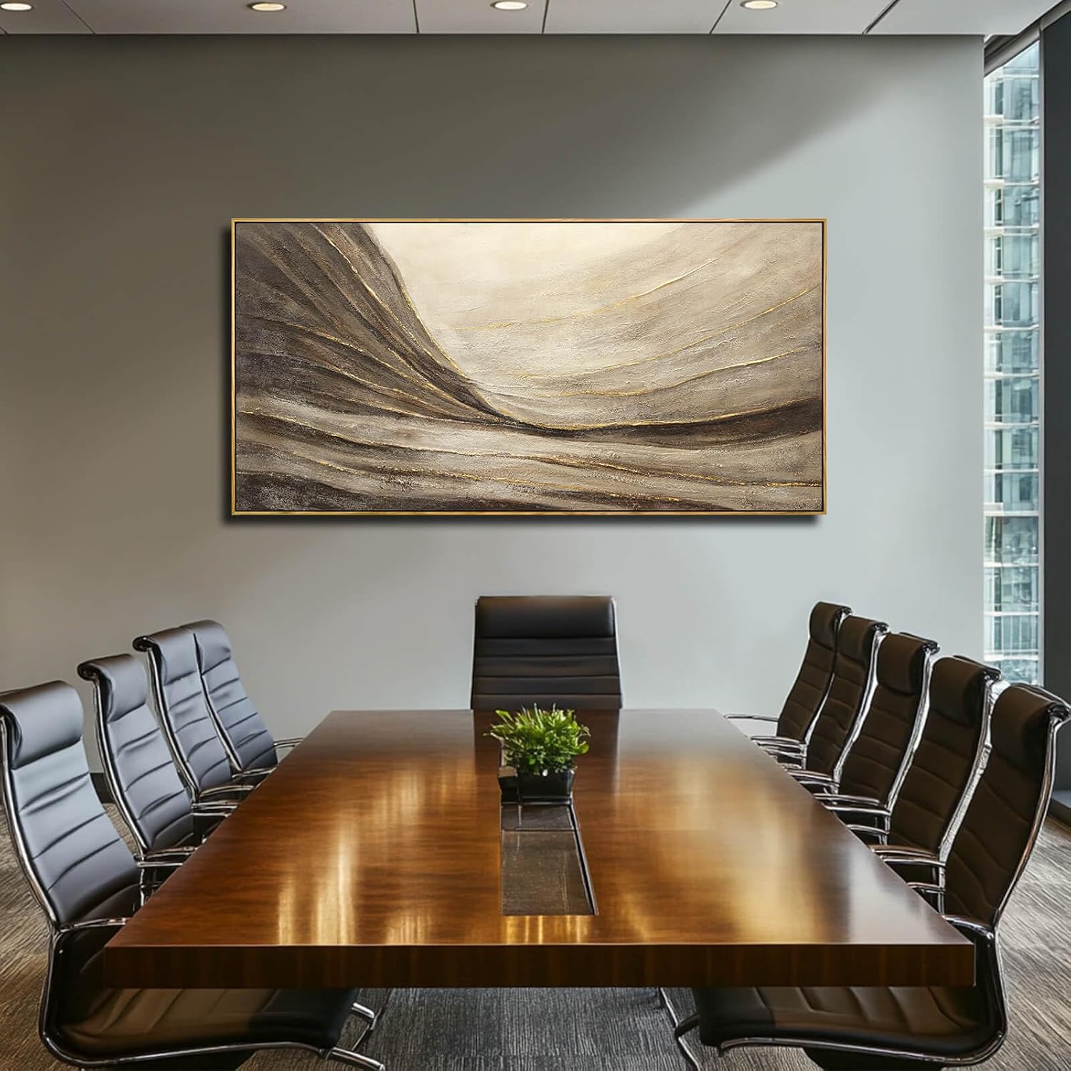 WINKAILIN Modern Abstract Wall Art with Frame Brown and Grey Painting Wave Poster Line Canvas for Living Room Bedroom Textured Home Decor 24x48 Inch