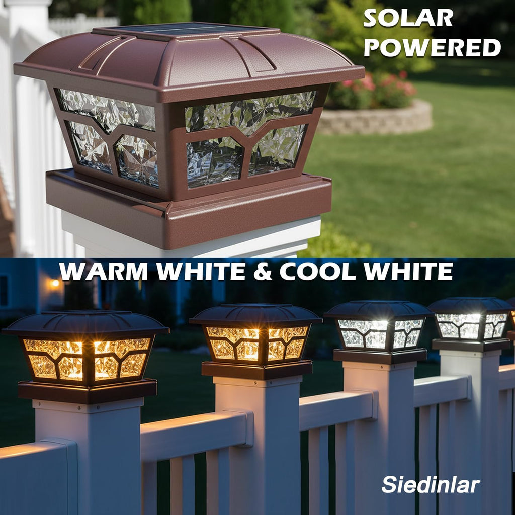 SIEDiNLAR Solar Post Cap Lights Outdoor 2 Color Modes 8 LEDs for 4x4 5x5 6x6 Wooden Vinyl Posts Fence Deck Patio Decoration Warm White & Cool White Lighting Brown (10 Pack)