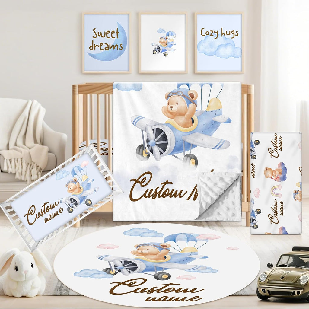 Custom Baby Crib Bedding Set, 5 PCS Personalized Name Baby Crib Sets for Girls Boys, Pilot Bear Theme Nursery Bedding Sets for Infant Toddler, Double Layer Flannel Bed Set Customized Gifts