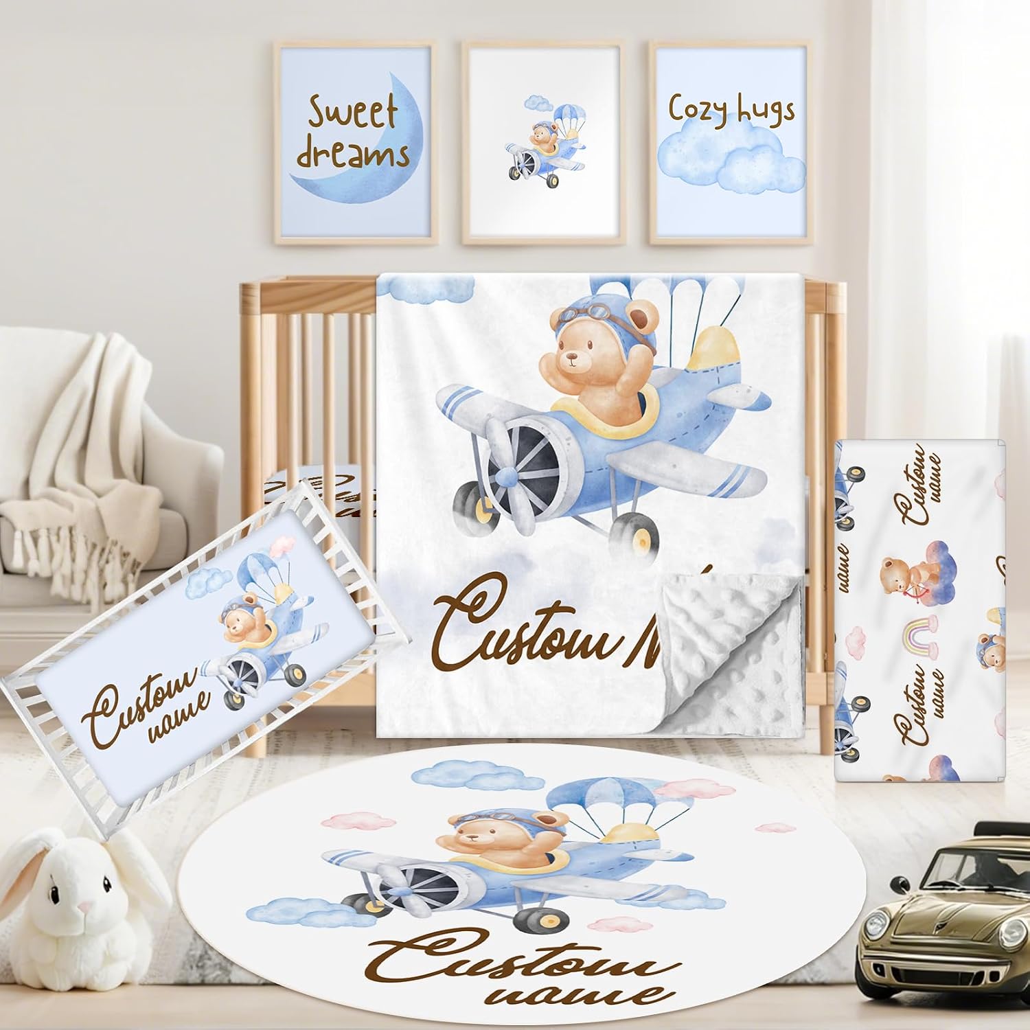 Custom Baby Crib Bedding Set, 5 PCS Personalized Name Baby Crib Sets for Girls Boys, Pilot Bear Theme Nursery Bedding Sets for Infant Toddler, Double Layer Flannel Bed Set Customized Gifts
