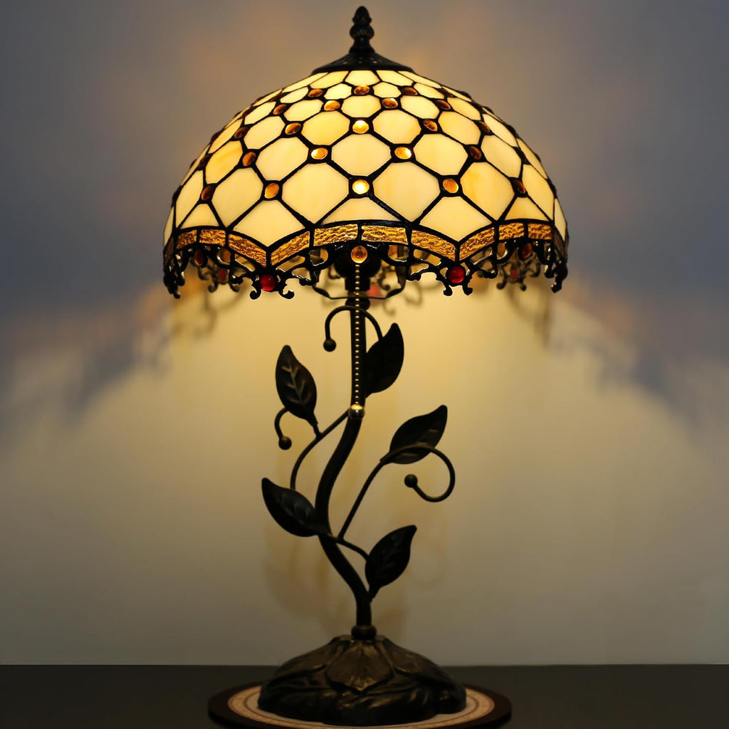 Tiffany Lamp Stained Glass Style Table Lamp Beads Style Bedside Desk Reading Light W12H19 Inch Metal Leaf Base with Metal Leaf Base