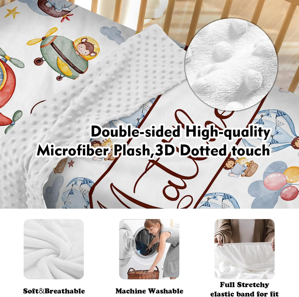 Personalized Crib Bedding Set for Baby Boys Girls, Custom Name Baby Crib Sets 5-Pcs - Toddler Double Layer Blanket Fitted Sheet Changing Pad Cover Rug Wall Art Set, Balloon Clouds Theme Nursery Décor