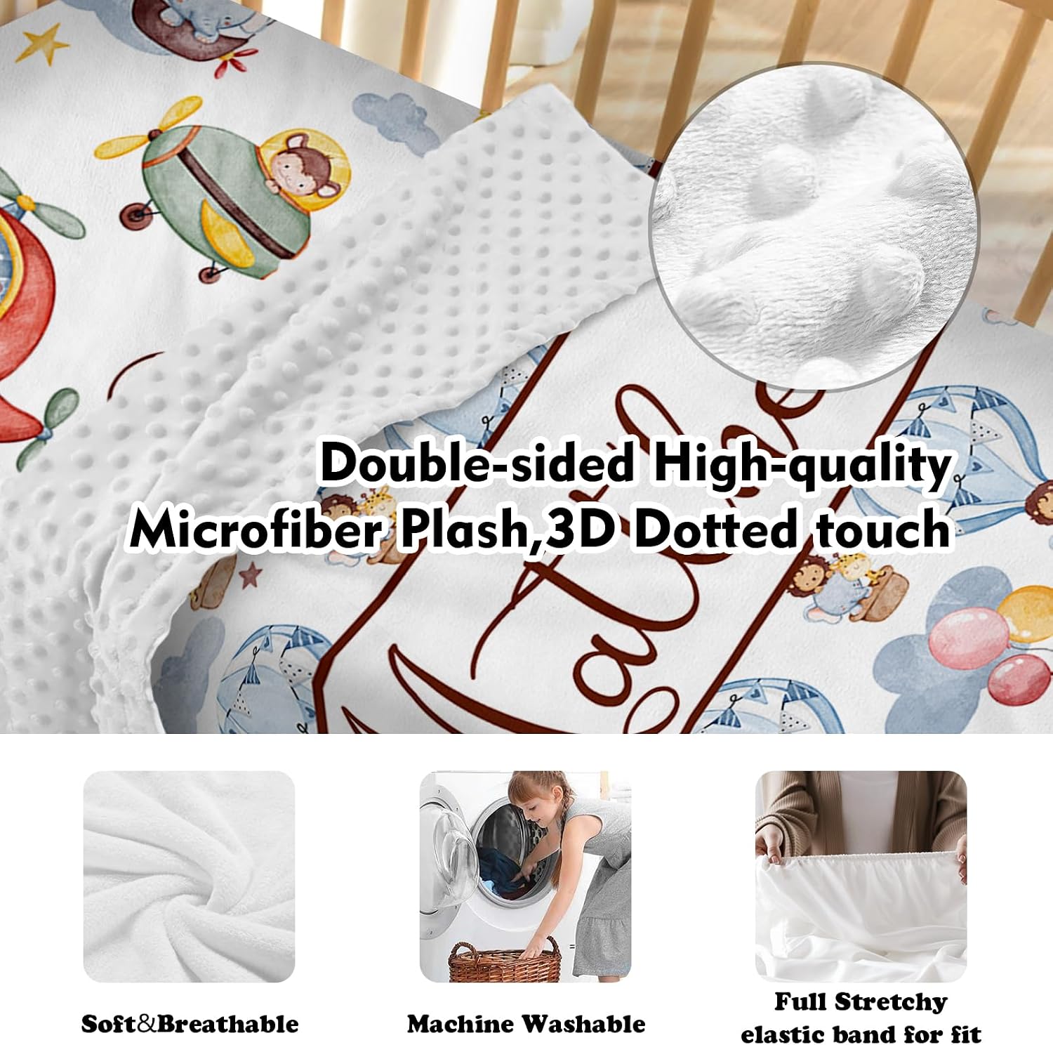 Personalized Crib Bedding Set for Baby Boys Girls, Custom Name Baby Crib Sets 5-Pcs - Toddler Double Layer Blanket Fitted Sheet Changing Pad Cover Rug Wall Art Set, Balloon Clouds Theme Nursery Décor