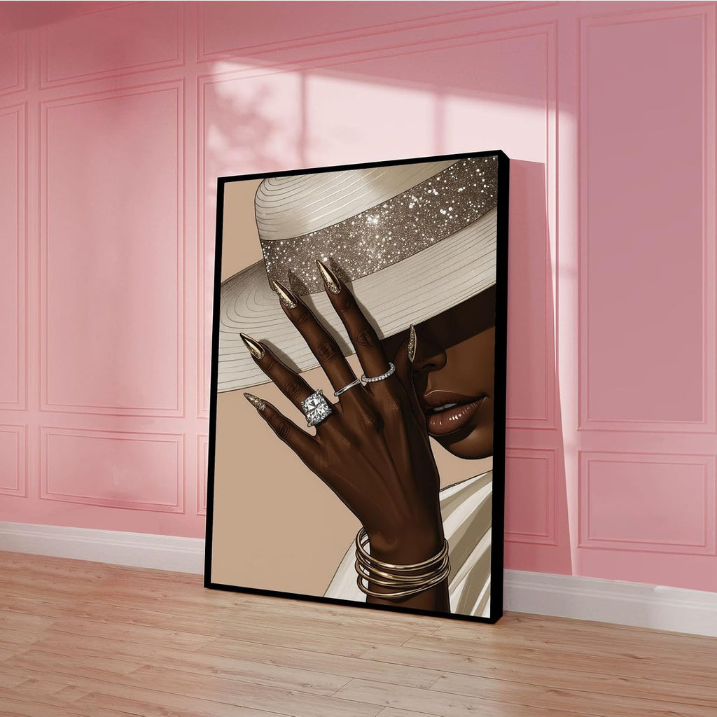 Fashion wall painting Black girl with white hat Canvas painting African poster is a good choice for room decoration Simple art 24x36in Metal blackFramed