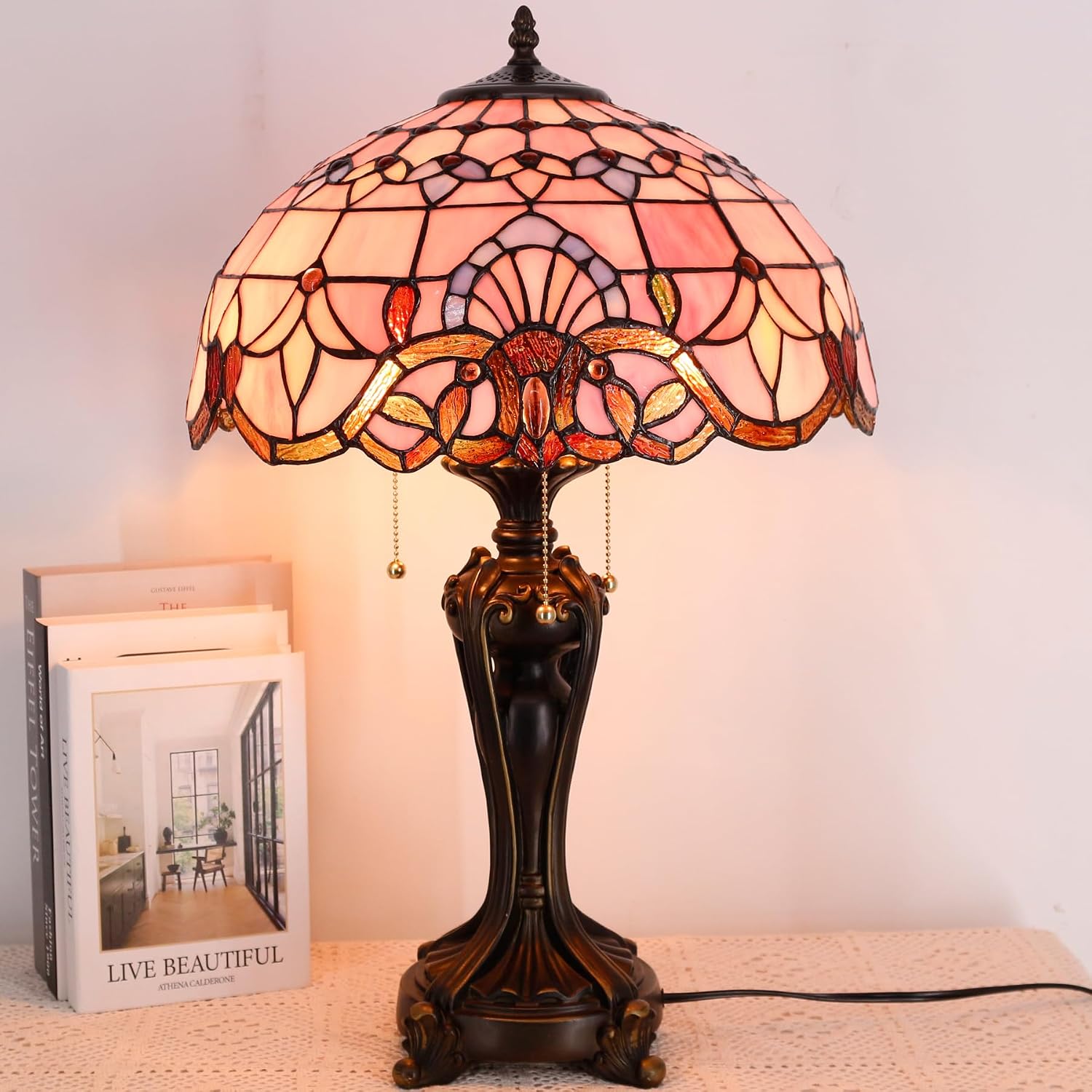 Table Lamp Base Replacement Only, Wide 8 Height 24 Inch, Fit for 12, 14, 16, 18 Inch Tiffany Style Stained Glass Lampshade, Dark Bronze Finish, Resin, Pull Chain Switch(L (W8H24 Inch))