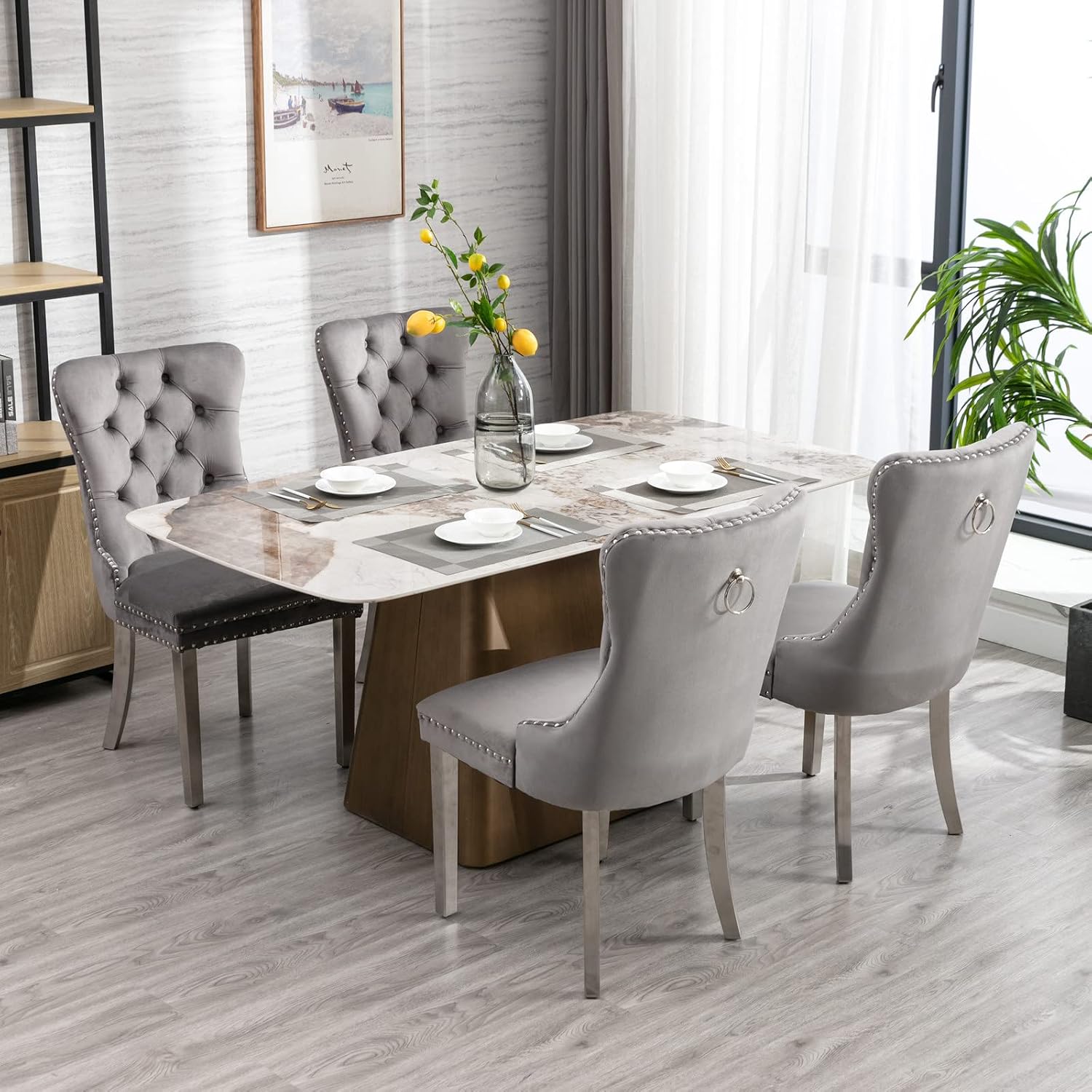 2 Piece Contemporary Velvet Upholstered Dining Chair with Chrome Stainless Steel Plating Legs, Nail Head Decro, Armless Tufted Dining Chair Fabric Dining Room Chair (Gray&Silver, Set of 2)