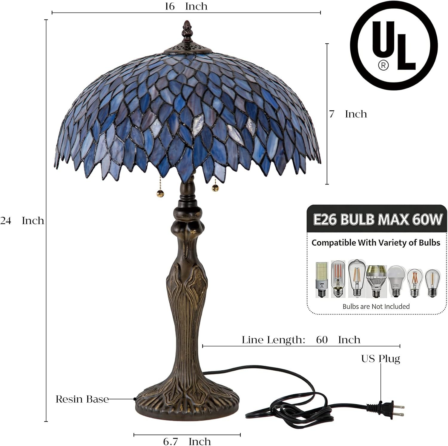 Tiffany Lamp 16' Blue Purple Wisteria Stained Glass Table Lamp for Large Space Vintage Style Antique Bronze Base Desk Light Decorate Bedside Bedroom Living Room Entry Hallway Home Office