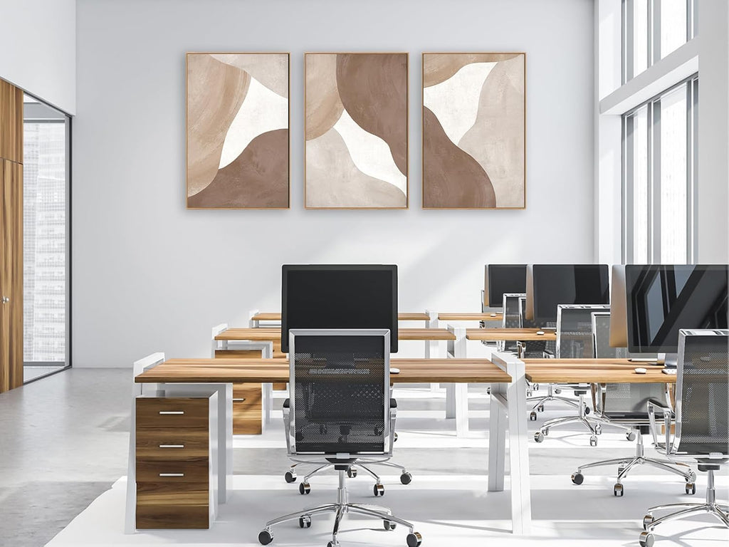 Minimalist Abstract Boho Wall Art - Natural Framed Abstract Canvas Picture Canyon Painting Cliff Artwork Modern Geometric Canvas Prints for Home Office Wall Decor 32' x 48' * 3 Tan Brown Beige