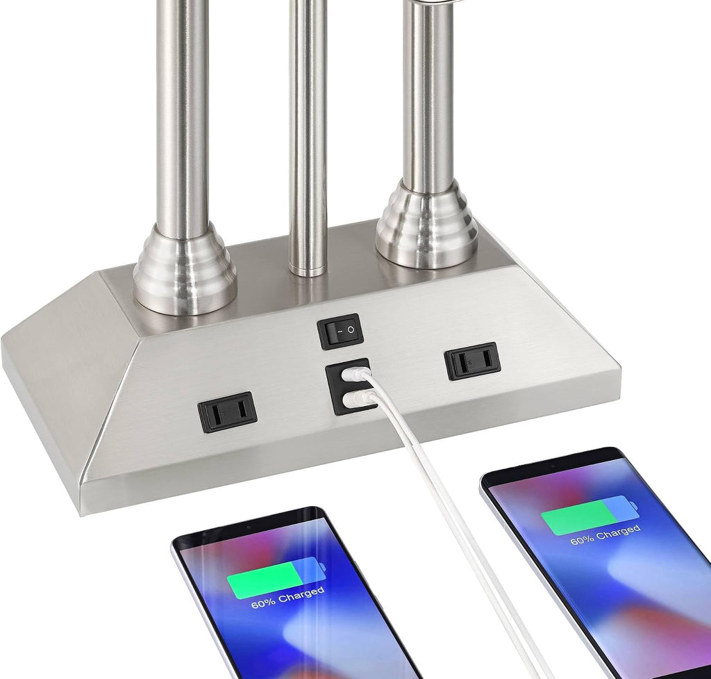 Possini Euro Design Dexter 26' High Modern Table Lamp with USB Charging Ports A+C and AC Power Outlet in Base Brushed Nickel LED Reading Light White Linen Shade Bedroom Living Room House Desk