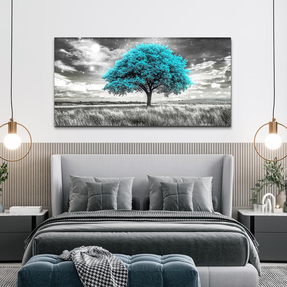 KELIYUAN Large Canvas Wall Art For Living Room Wall Decor For Bedroom Corridor Blue Tree Natural Scenery Full Of Stars Black And White Modern Printing Dining Room Kitchen Home Decoration 30 'X 60'