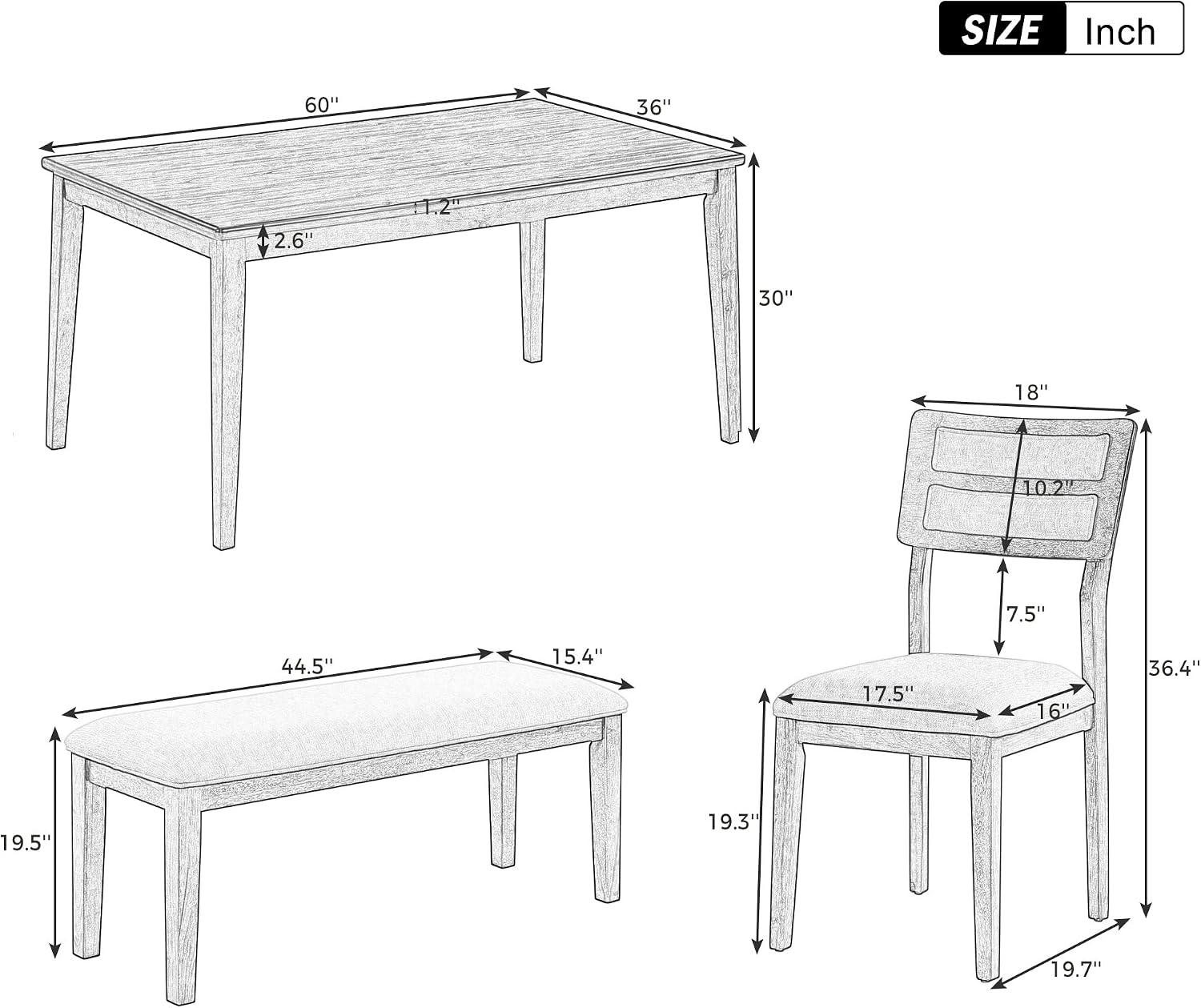 Rustic Farmhouse 6-Piece Kitchen Dining Table Set, Solid Wood Dining Room Set of 6, Classic 60'' Rectangular Table with 4 Upholstered Padded Chairs and Bench (White-3)