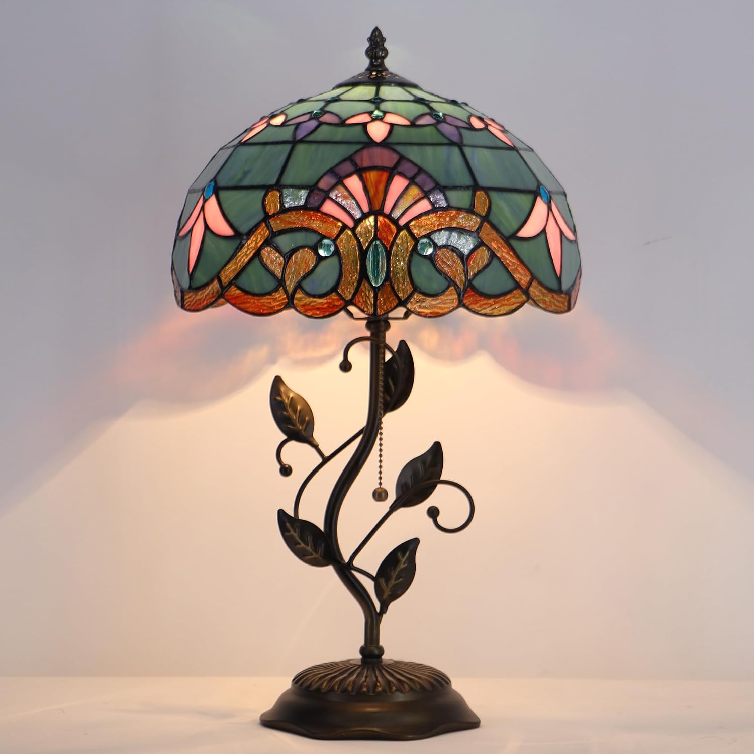 Tiffany Table Lamp Stained Glass Desk Lamp Metal Leaf Base Reading Light 12X19 Inch (Baroque Style)
