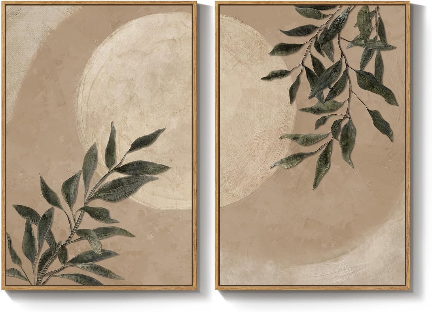Large Framed Botanical Moon Wall Art for Living Room, Vintage Neutral Nature Canvas Painting Prints Set of 2, Rustic Farmhouse Minimalist Leaf Wall Decor for Bedroom Dining room Hallway, 24x36 Inch