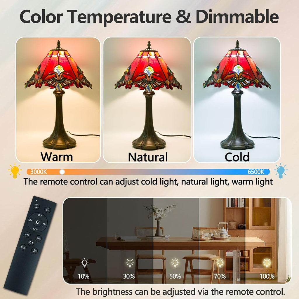 Tiffany Style Table Lamp, Small Stained Glass Lamp for Bedside, Bedroom, Nightstand, Living Room, 12 Inch Mini Vintage Light Included E26 Bulbs with Remote Control (Red Umbrella)