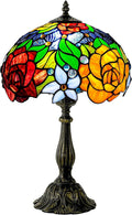 Tiffany Style Stained Glass Table Lamp, Floral Pattern Desk Light with Antique Bronze Resin Base, Red Roses Decorative Lighting for Bedroom, Living Room, Office 12X12X19 Inch