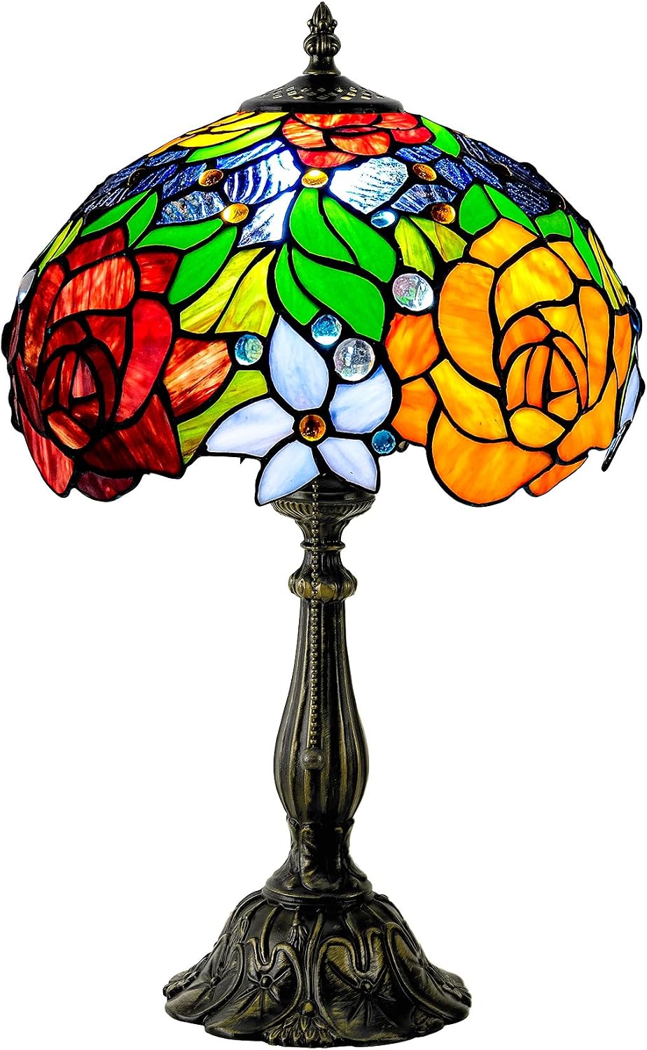 Tiffany Style Stained Glass Table Lamp, Floral Pattern Desk Light with Antique Bronze Resin Base, Red Roses Decorative Lighting for Bedroom, Living Room, Office 12X12X19 Inch