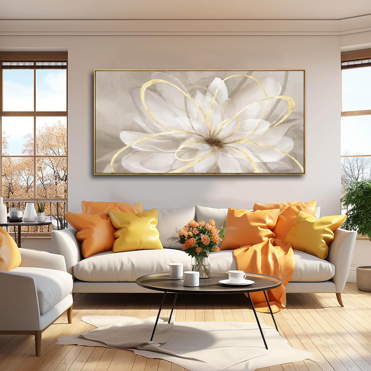 SOUGUAN Gold Flowers Canvas Wall Art Abstract Line Wall Decorations for Living Room Modern Home Decor Office Hanging Prints 24x48 Inch Bedroom Posters