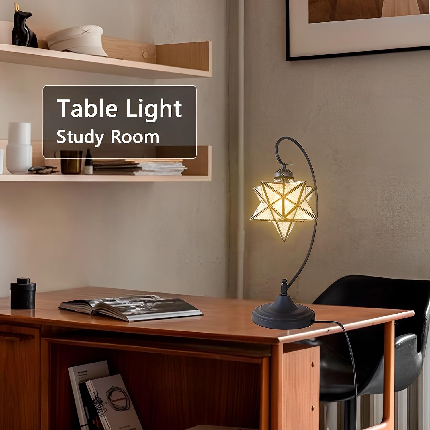 Glass Desk Lamps, Plug in Black Desk Lamp Fixture Retro Library Table Lamp with Pull Chain, Mid-Century Glass Star Lights for Office Study Room Bedroom Living Room