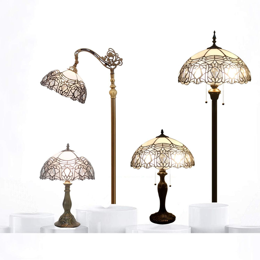 WERFACTORY Tiffany Lamp White Bent Stained Glass Crystal Table Lamp Bedside Desk Reading Light 12X12X22 Inches Decor Bedroom Living Room Home Office S508W Series