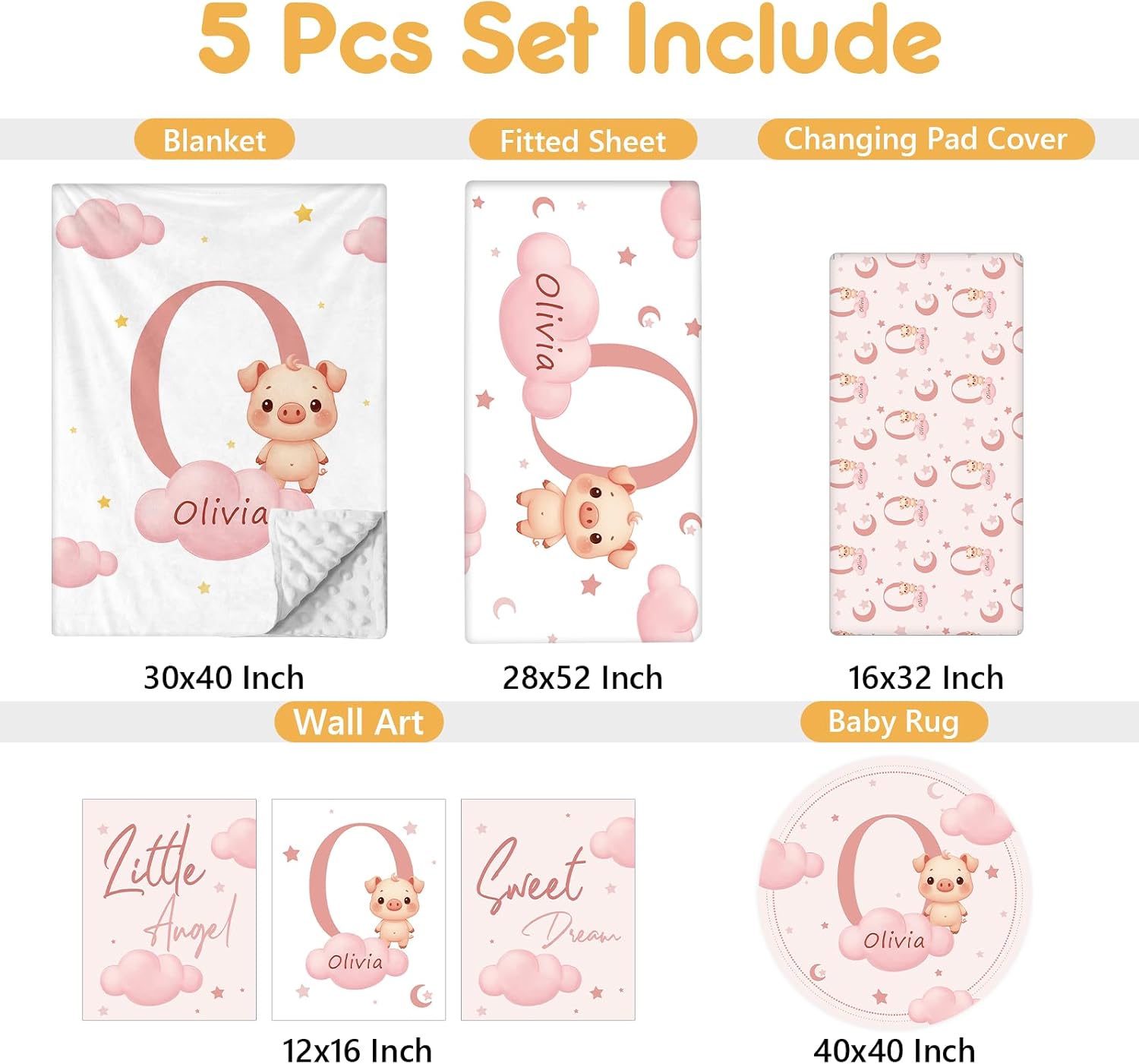 Terwex Custom Baby Bedding Set, 5 Pcs Personalized Baby Crib Sets with Name, Toddler Bedding Set for Baby Girls Boys, Pink Pig Double Layer Nursery Bedding Set, Customized Gift for Infant New Parents