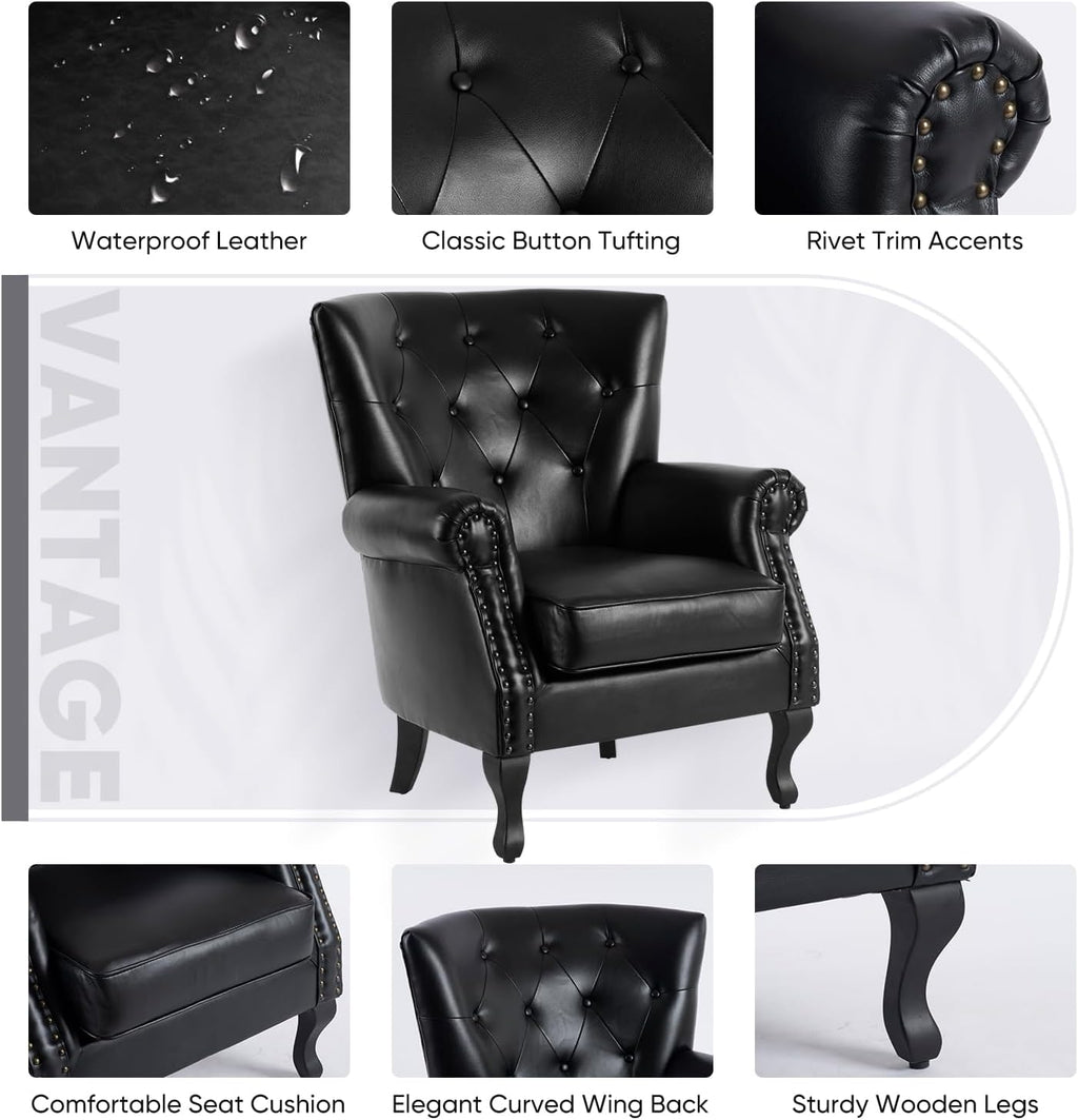 MOJAY PU Leather Accent Chair Set of 2, Modern Armchair Living Room Chair, Upholstered Club Chair with Rivet Trim, Mid-Century Sofa Chair with Sturdy Wood Legs for Bedroom (Black)