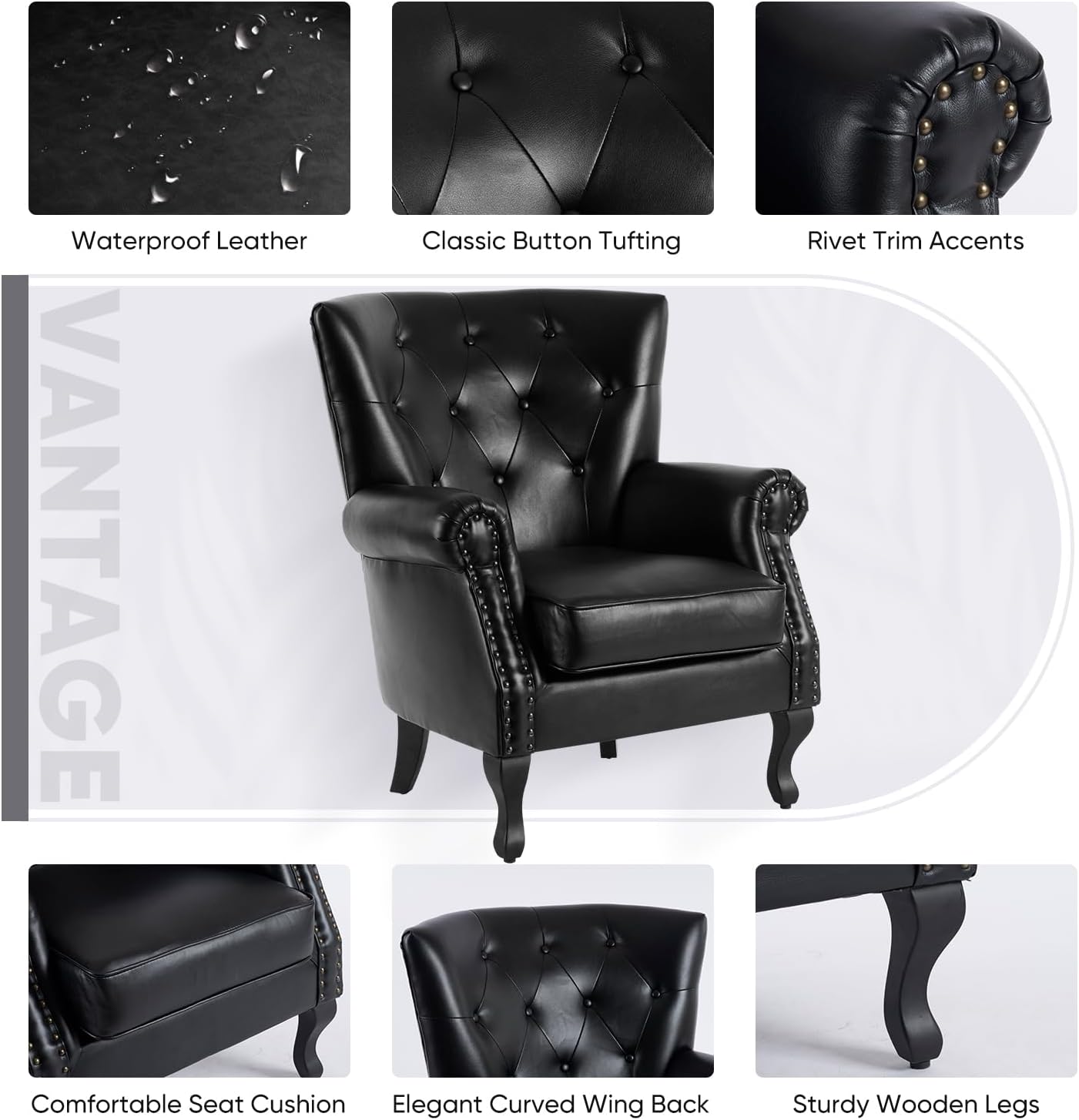 MOJAY PU Leather Accent Chair Set of 2, Modern Armchair Living Room Chair, Upholstered Club Chair with Rivet Trim, Mid-Century Sofa Chair with Sturdy Wood Legs for Bedroom (Black)
