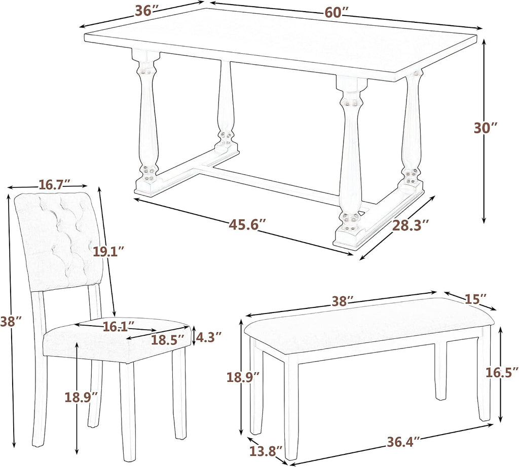 Retro 6-Piece Kitchen Dining Table Set with Comfortable Upholstery Chairs and Bench, Solid Wood Dining Table with Special-Shaped Legs, Suitable for Family Use (Espresso-Comfort)