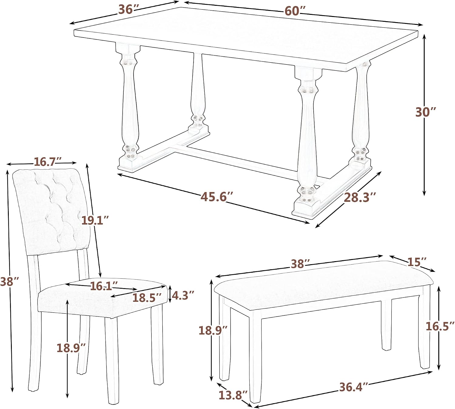 Retro 6-Piece Kitchen Dining Table Set with Comfortable Upholstery Chairs and Bench, Solid Wood Dining Table with Special-Shaped Legs, Suitable for Family Use (Espresso-Comfort)