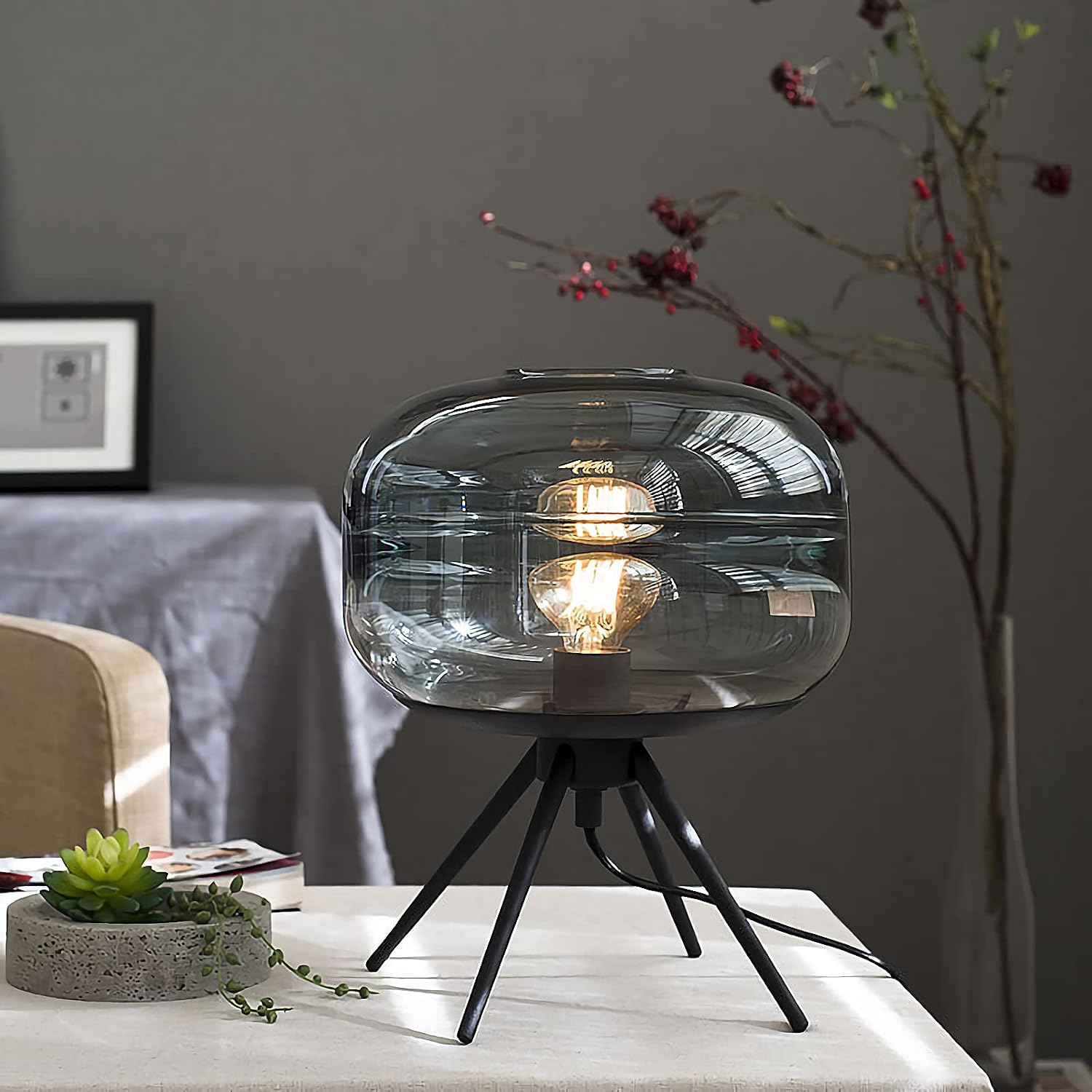 Oval Four-Leg Bracket Glass Table Lamp Personalized Glass Oval Lampshade Bedside Table Lamp Nordic Hand-Blown GlassIron Art Four-Leg Bracket Transparent Glass Lampshade Table Lamp Bedroom (Amber)