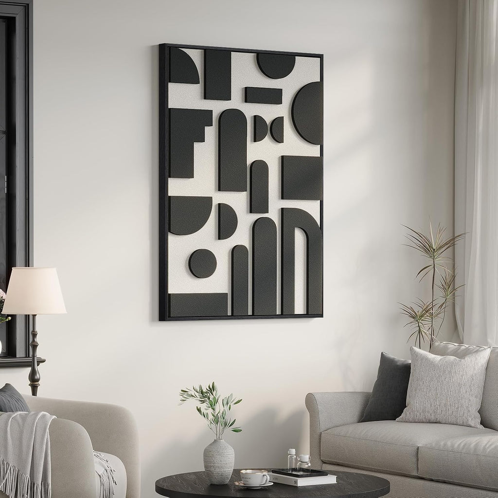 Framed 3D Black and White Abstract Wall Art, Modern Geometric Block Artwork for Walls, Minimalist Shape Pictures for Living Room Bedroom Dining Room Hallway Home Office Wall Decor, 24x36 In