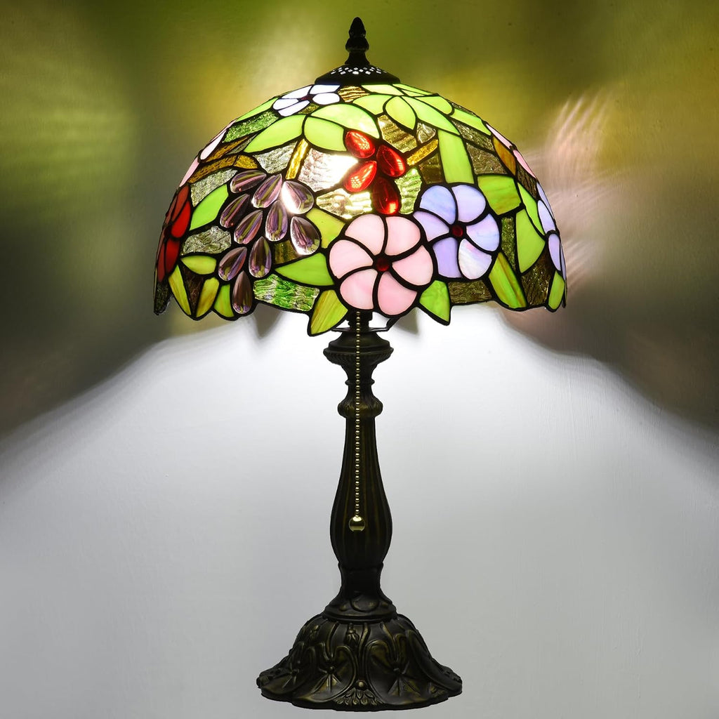 Tiffany Style Green Stained Glass Table Lamp, Purple Grape Colorful Blossom Desk Light with Antique Bronze Resin Base, Decorative Lighting for Bedroom, Living Room, Office 12X12X19 Inch