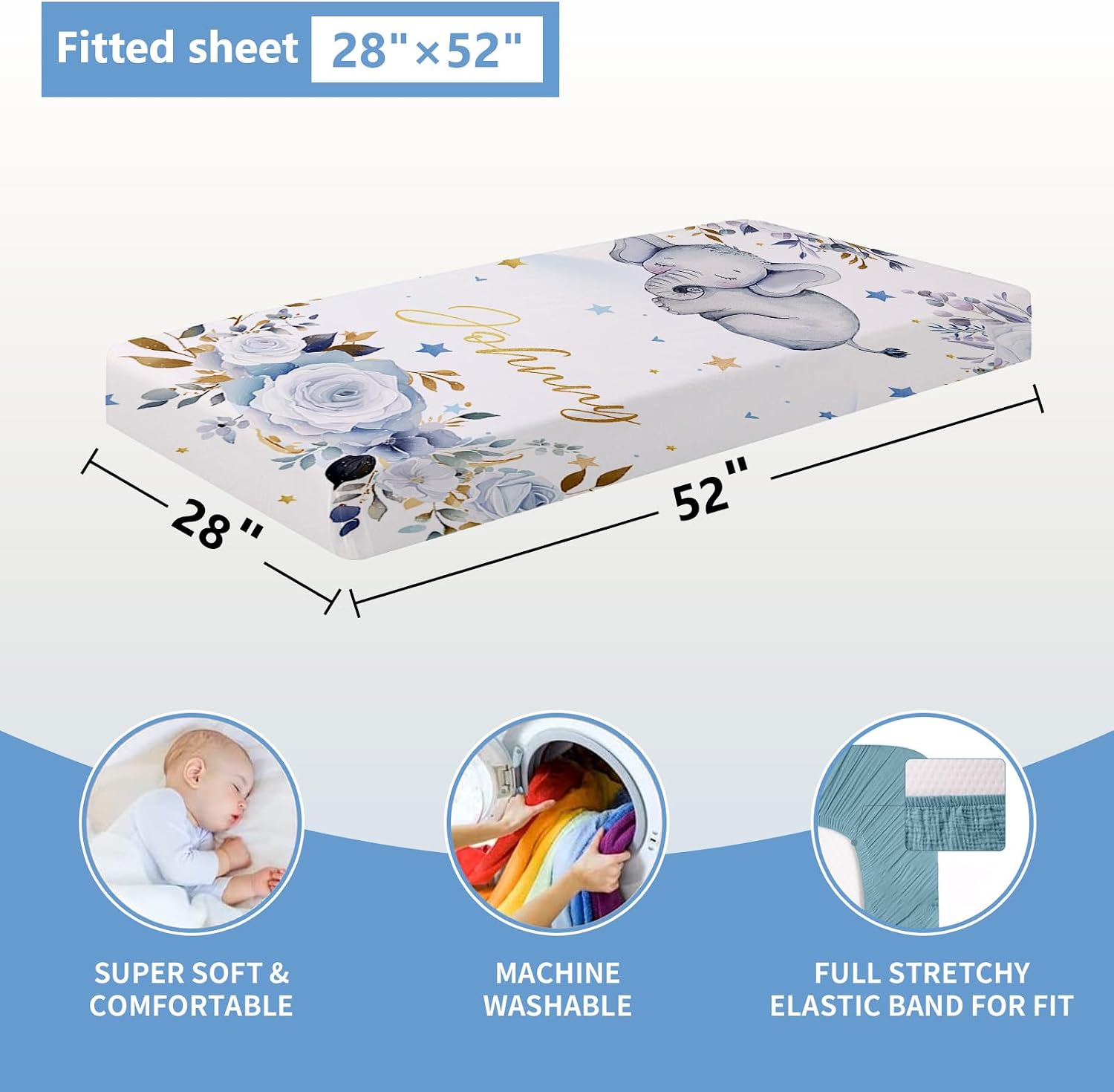 KAINSY Custom Crib Bedding Set 5 Piece for Girls Boys – Personalized Elephant Theme, Newborn Sleep Set, Nursery Decor, Toddler Room Essentials, Infant Sleep, Baby Room Accessories, Baby Gift