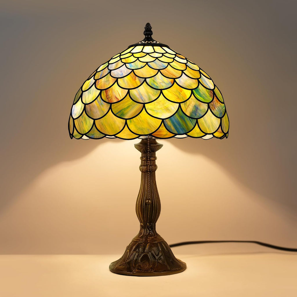 MOAN Lamp Stained Glass Table Lamp 12X12X19 Inch Bedside Reading Light Antique Bronze Base(Green Fish Scale Style)
