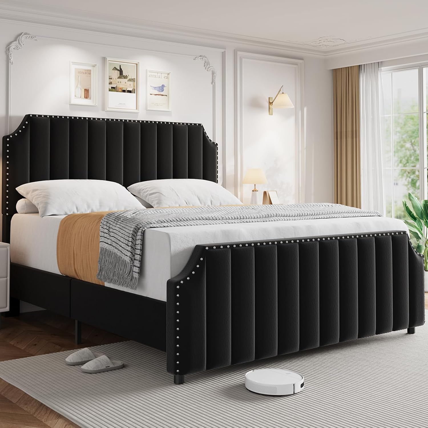 Queen Size Bed Frame, Platform Bed Frame with Velvet Upholstered 50.2'' Headboard, Rivet Decoration, Strong Wooden Slats, No Box Spring Needed, Easy Assembly, Black