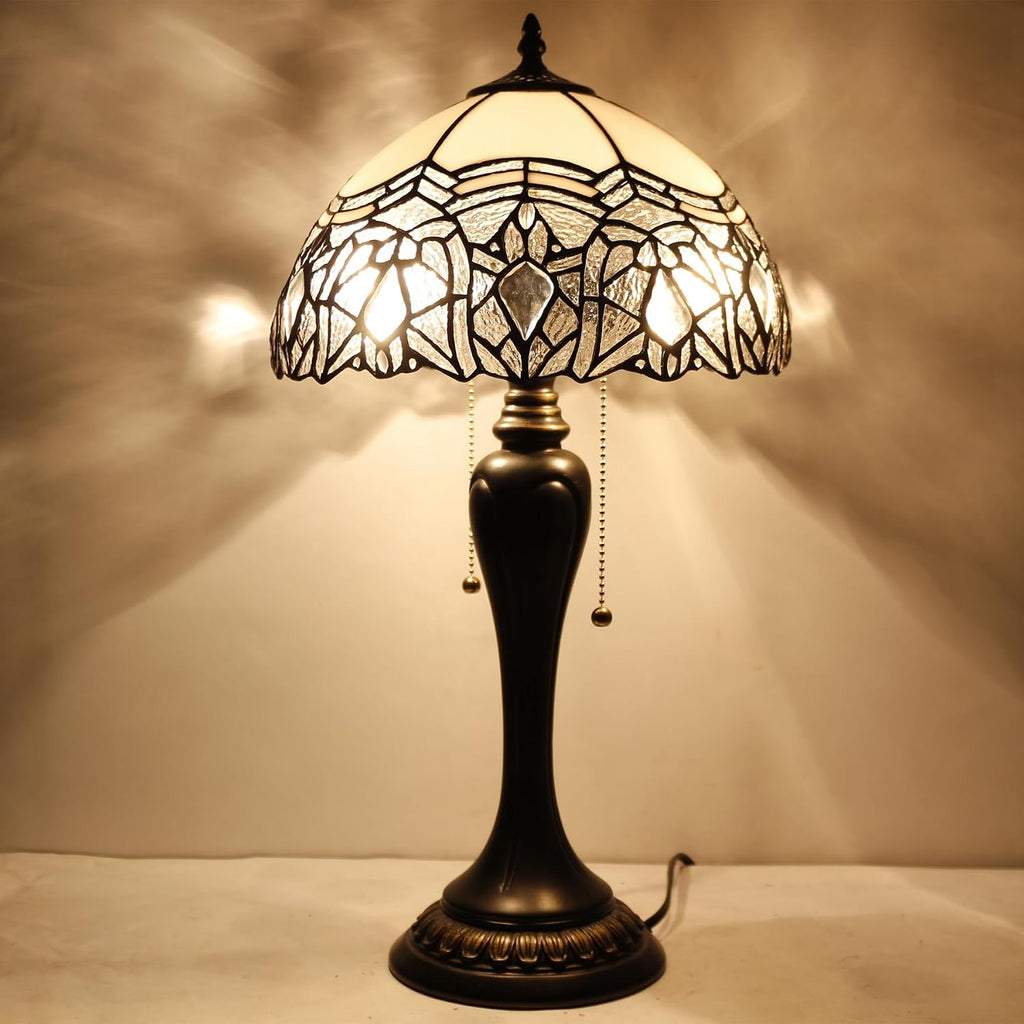 WERFACTORY Tiffany Lamp White Bent Stained Glass Crystal Table Lamp Bedside Desk Reading Light 12X12X22 Inches Decor Bedroom Living Room Home Office S508W Series