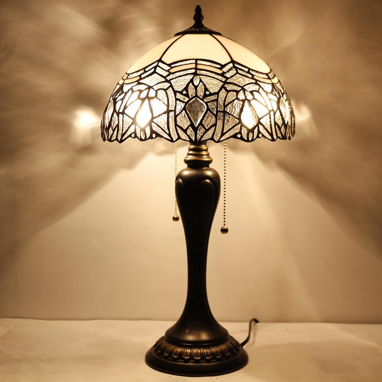 WERFACTORY Tiffany Lamp White Bent Stained Glass Crystal Table Lamp Bedside Desk Reading Light 12X12X22 Inches Decor Bedroom Living Room Home Office S508W Series
