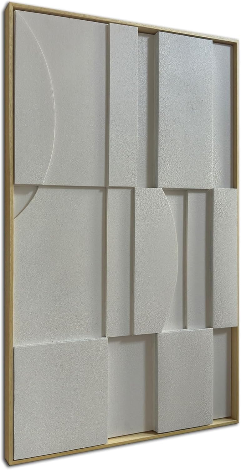 Slyart 3D White Textured Wall Art, Handmade Verical Abstract Relief Wall Art Framed Wall Decorations Artwork, Minimalist White Painting