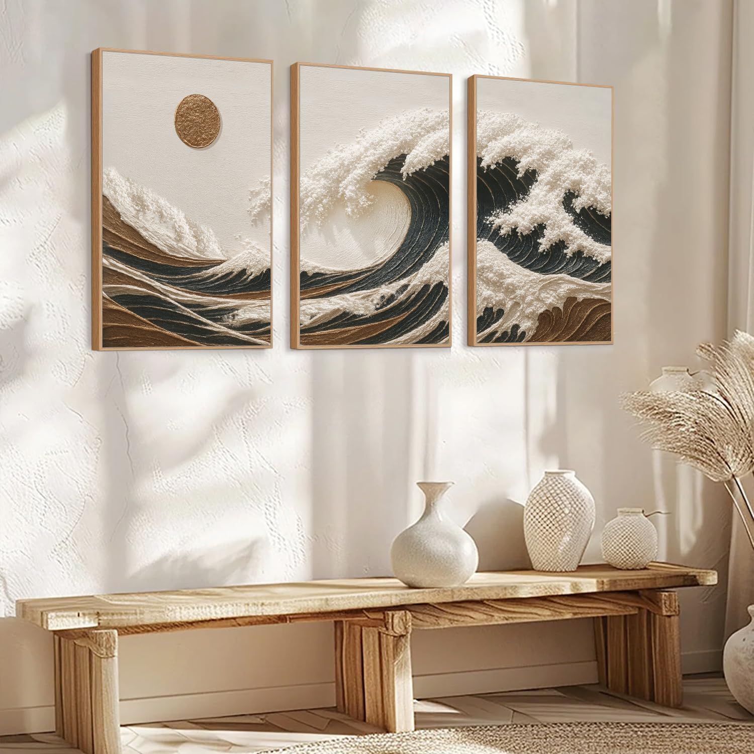 HLNIUC Great Wave Sunset Framed Canvas Wall Art,Abstract Sun Seascape Art Decor Set of 3(24'x36') Modern Ocean Beach Art Print,Large Sea Wave Pictures Framed Wall Painting for Living Room,Bedroom