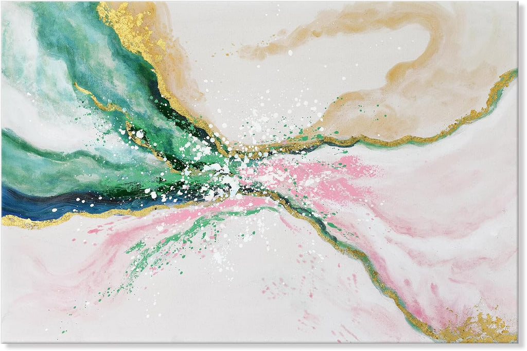 7Fisionart Abstract Large Wall Decor for Bedroom Emerald Green and Gold Paintings Pink Canvas Art Pictures Prints Poster Modern Framed Artwork Office Living Room Kitchen Decorations 48'x32'