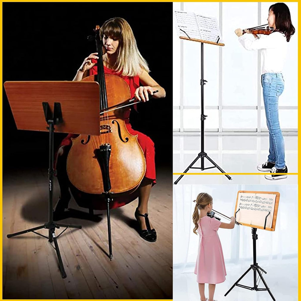 Extra Stable Metal Music Stand, Two-in-one Dual-use Bamboo Book Stand, Sheet Music Stand With Violin Hanger, Classic Stand For Musical Instruments, Restaurant, Hotel Menu Stand (Wood 17cm*45cm*75cm)