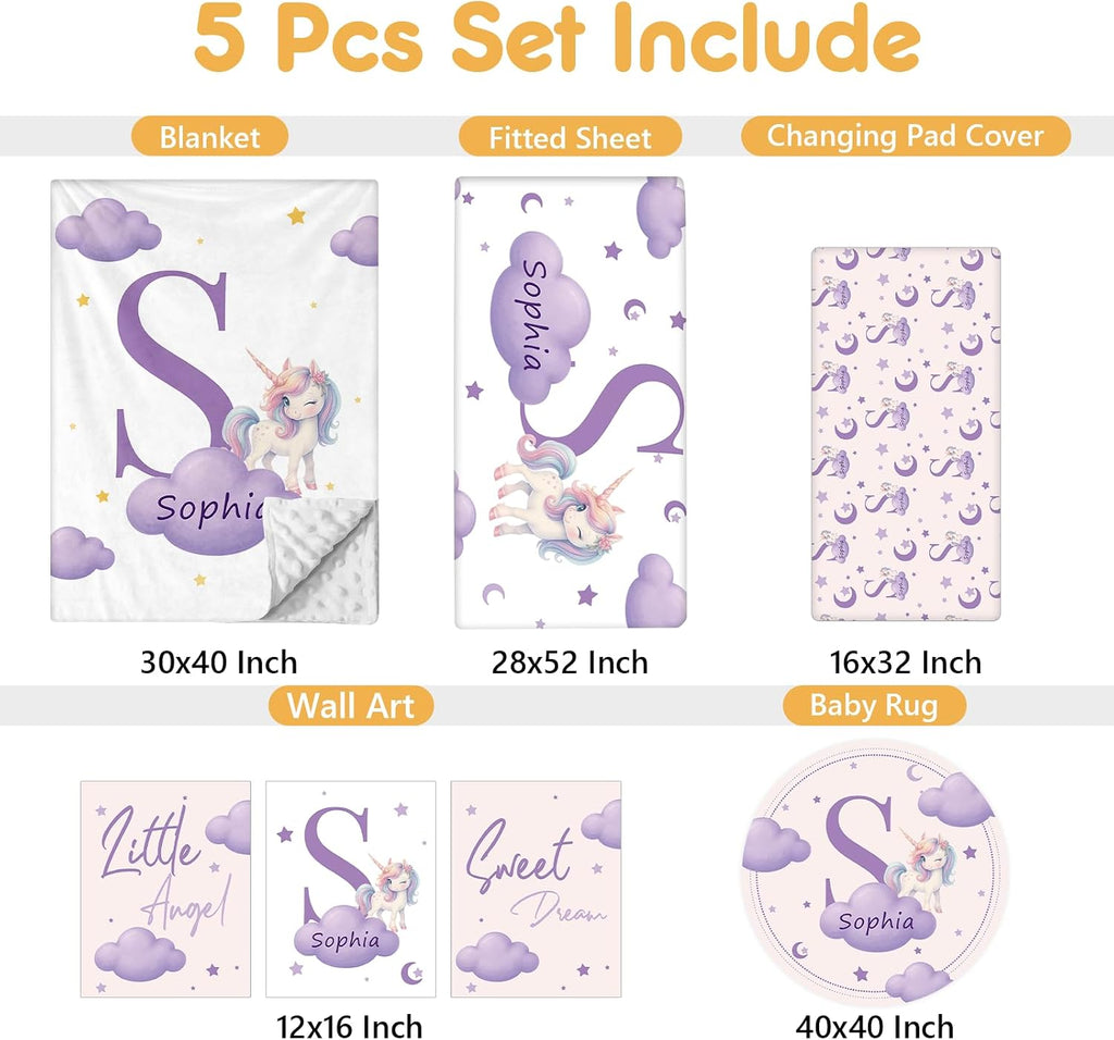 Terwex 5 Piece Customized Crib Bedding Set for Girls - Custom Name Baby Crib Purple Unicorn Nursery Bedding Set with Soft Blanket, Fitted Sheet, Rug, Personalized Gifts for Toddlers, Newborns, Infants