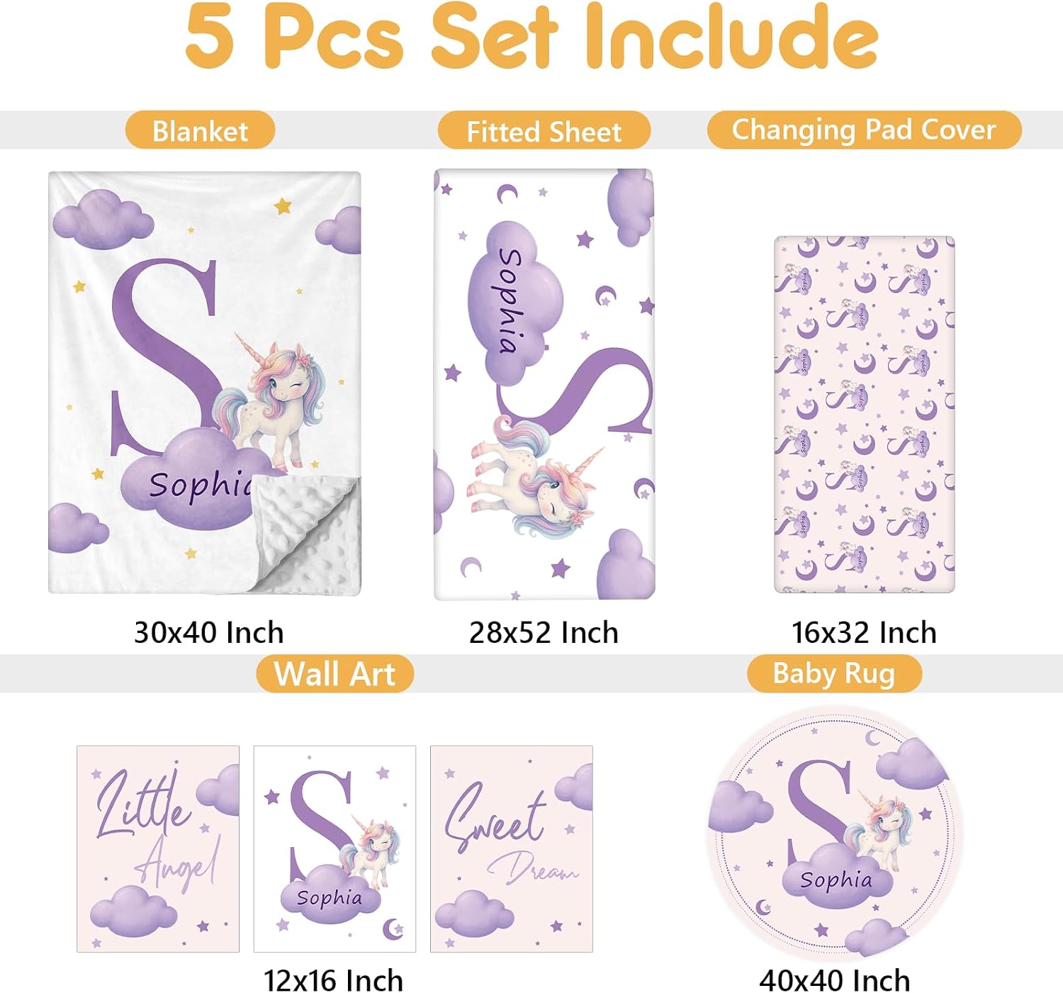 Terwex 5 Piece Customized Crib Bedding Set for Girls - Custom Name Baby Crib Purple Unicorn Nursery Bedding Set with Soft Blanket, Fitted Sheet, Rug, Personalized Gifts for Toddlers, Newborns, Infants