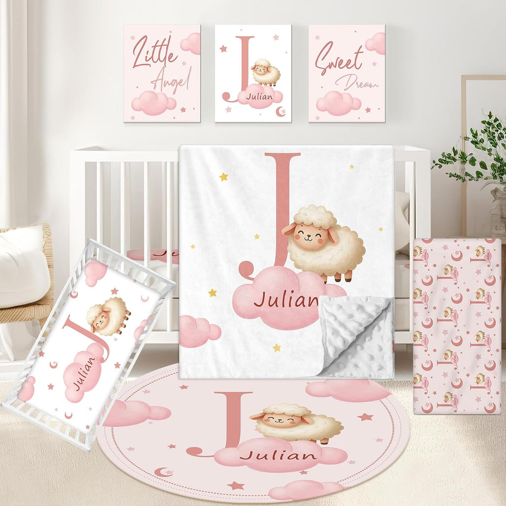 KAINSY Custom Crib Bedding Set, 5 Pcs Personalized Name Monogram Baby Crib Sets for Infants Toddlers, Pink Sheep Nursery Bedding Set for Boys Girls, Double Layer Baby Bedding Sets Customized Gifts