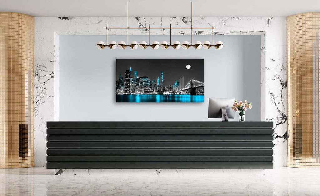 Jiuqinghua Wall Art Decor Canvas Print Picture 1 Panel Black White and Blue New York Brooklyn Bridge Cityscape Night Building Painting for Kitchen Office Home Decor Framed Ready to Hang 30x60inch