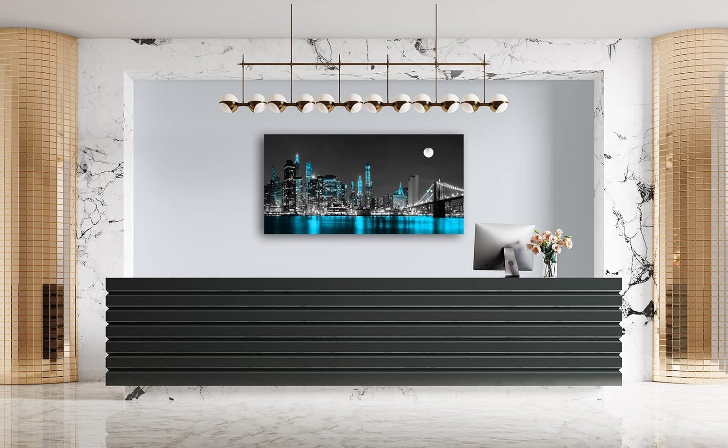 Jiuqinghua Wall Art Decor Canvas Print Picture 1 Panel Black White and Blue New York Brooklyn Bridge Cityscape Night Building Painting for Kitchen Office Home Decor Framed Ready to Hang 30x60inch