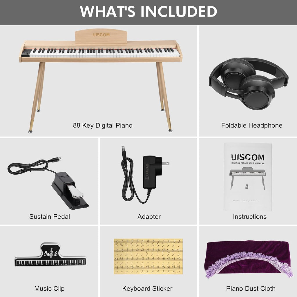 UISCOM Digital Piano Keyboard for Beginners, Full Size 88 Key Semi-Weighted Keyboard Electric Piano with Stand,Power Adapter,Sheet Music Stand,Pedal,Headphone,USB-MIDI Compatible,Wood Grain Apricot