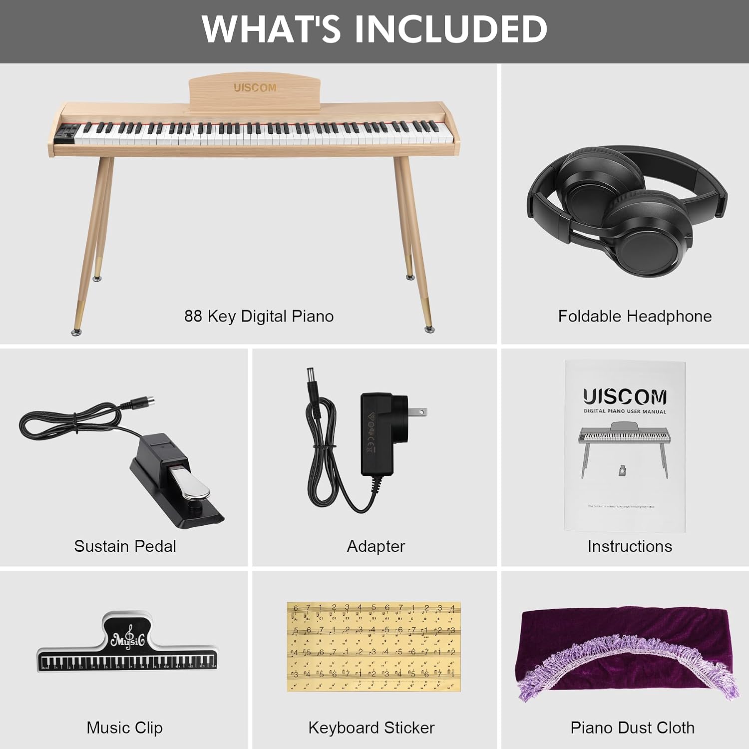 UISCOM Digital Piano Keyboard for Beginners, Full Size 88 Key Semi-Weighted Keyboard Electric Piano with Stand,Power Adapter,Sheet Music Stand,Pedal,Headphone,USB-MIDI Compatible,Wood Grain Apricot