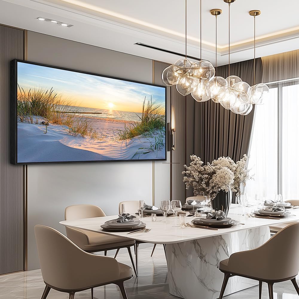 MHARTK66 Canvas Wall Art For Living Room Large Wall Decor For Office Bedroom Poster Art Prints Sun Seascape Wall Painting Blue Ocean Pictures Artwork For Walls Black Wood Framed 24' X 48'
