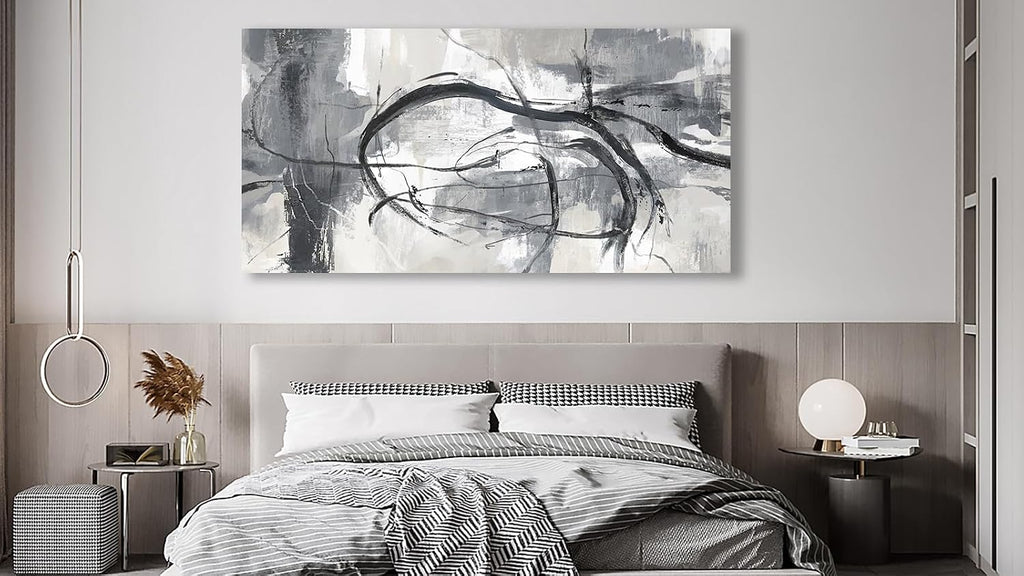 Shoci Large Abstract Wall Art - Black Gray White Canvas Picture for Living Room Modern Ink Lines Painting Print Decor Contemporary Artwork Wall Art for Bedroom Kitchen Home Office Decoration 29' X 58'