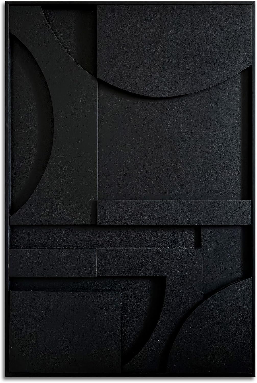 Slyart 3D Black Textured Plaster Wall Art, Handmade Contemporary Art Abstract Geometric Relief Painting, Framed Thick Texture Vertical Wall Art 24x36 Inch